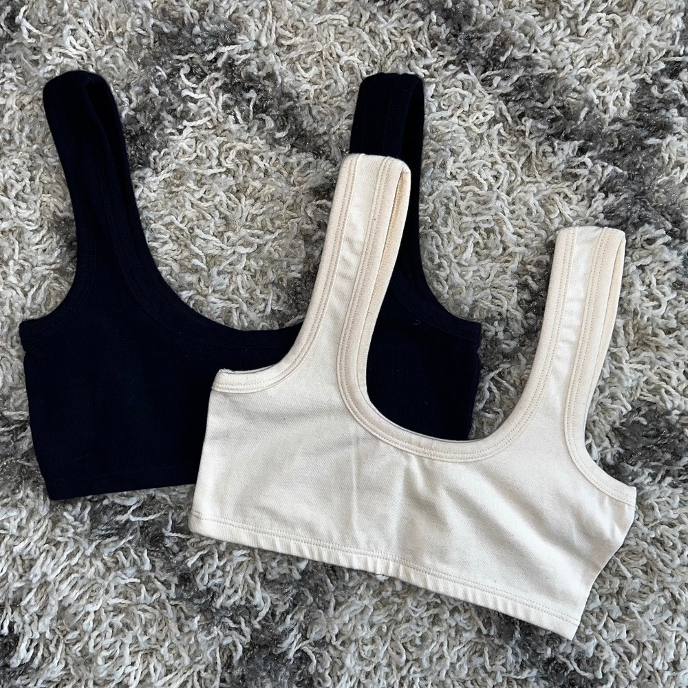 Two ARQ wide strap bra small Natural and Navy